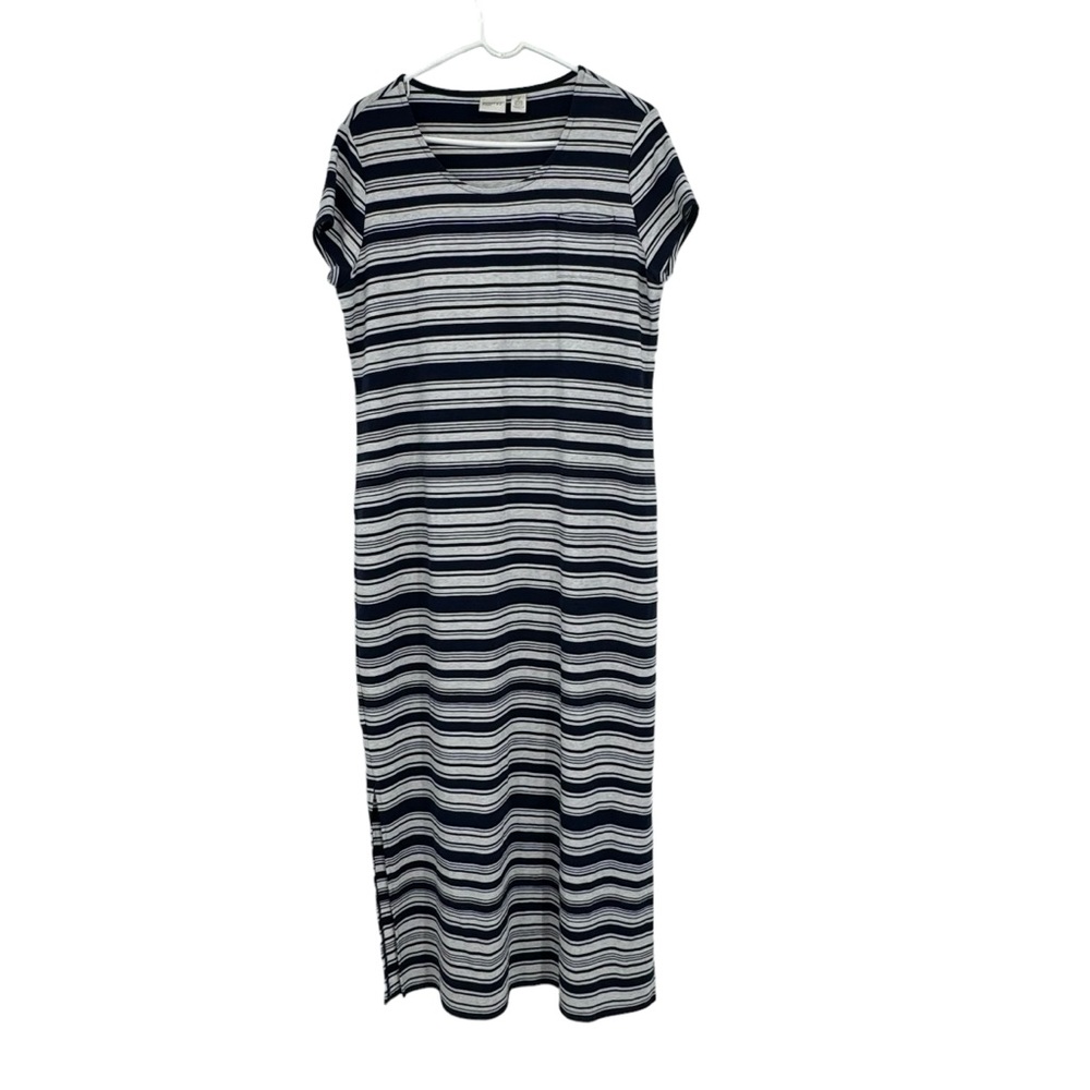 Chico’s Size 2 (Reg 12) Blue/Gray “Laurel” Striped SS Jersey Knit Maxi Dress
